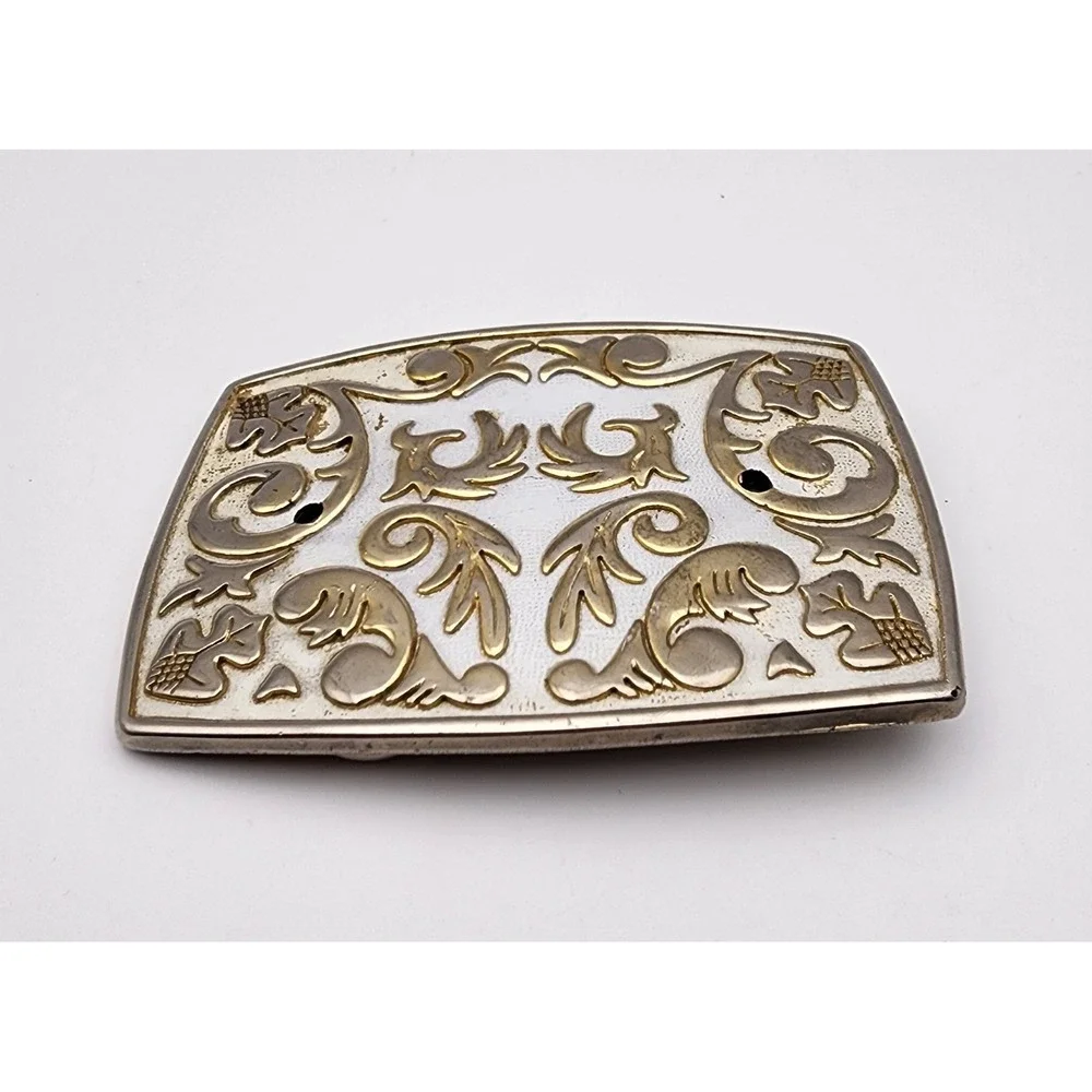 Vtg Belt Buckle Floral Leaf Pattern‎ White and Gold